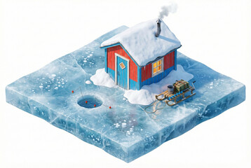Vibrant Red Ice Fishing Hut on Frozen Lake Diorama