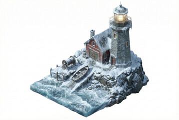 Isolated Lighthouse on Snowy Cliffs with Boat Dock