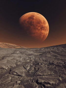 wide establishing shot of the barren phobos landscape