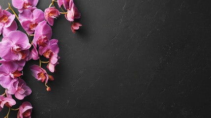 Pink orchids blooming on a dark grey textured background with ample copy space.