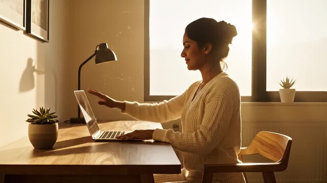 Young woman stretching at a wooden desk before working on a laptop in a bright home office for remote work wellbeing concept