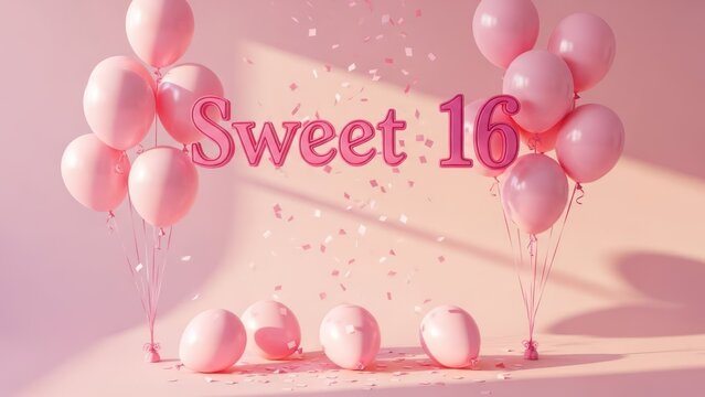 Pink "Sweet 16" text with balloons and confetti on a pastel background