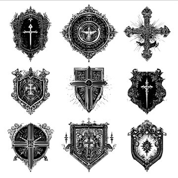 darksouls sigils and shields crosses and ornaments black on white background