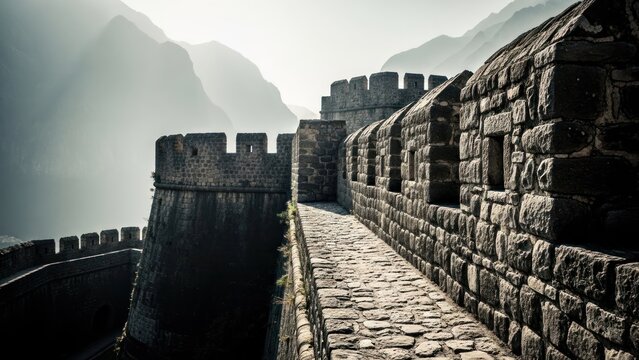 Stone rampart stretches along fortified battlements against a hazy mountain backdrop
