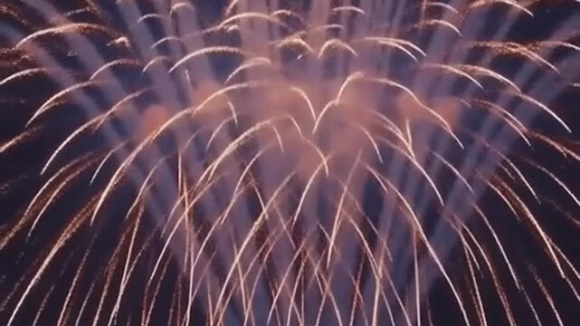 Spectacular display of golden fireworks exploding in a dark night sky creating a dazzling fan shape with trailing light streaks