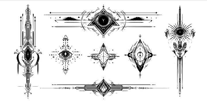 magical fantasy design for laser engraving flat design with black thick lines and white background transparent background vector artwork arcane shapes runes an