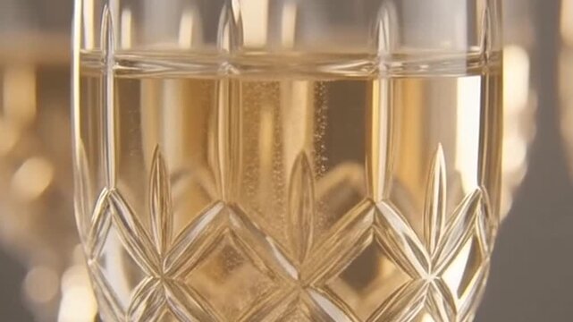 Close up slow motion of champagne bubbles rising in a crystal glass with intricate diamond cut patterns during a festive celebration