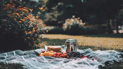 Summer picnic setup featuring fresh berries, fruits, and snacks on a gray blanket outdoors in a lush green park.