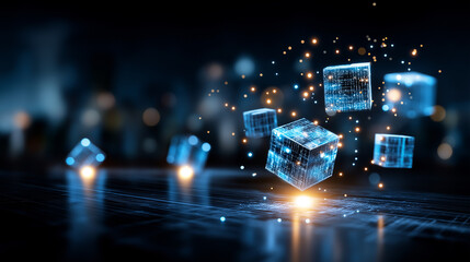 Futuristic abstract digital background with glowing blue geometric cubes and data particles, technology innovation representation, big data and artificial intelligence, defocused l