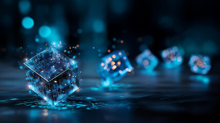 Futuristic abstract digital background with glowing blue geometric cubes and data particles, technology innovation representation, big data concepts, AI theme, defocused layers, wi