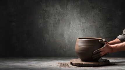 Potters hands expertly shaping a clay pot on a pottery wheel against a textured dark background with dramatic lighting and ample copy space.