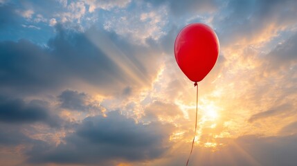 Vibrant red balloon floating high in a dramatic sky with golden sunset light, sun rays, and fluffy clouds.