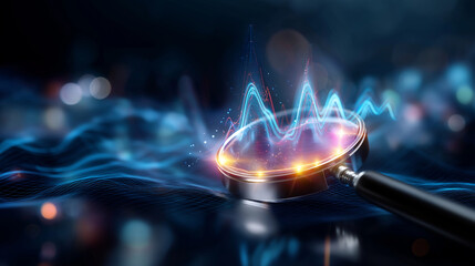 Abstract digital artwork featuring magnifying glass overlaid on glowing data streams background, search analysis and technology symbolism, defocused elements, with copy space