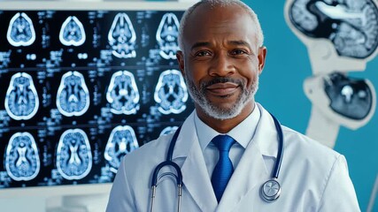 Portrait of Expertise: A distinguished medical professional, exuding confidence and knowledge, stands before a backdrop of intricate medical imaging, signifying a dedication to healthcare