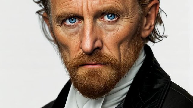 Intense gaze portrait: Captivating close-up portrait, focusing on the expressive features and piercing blue eyes, showcasing deep emotions and intriguing character.
