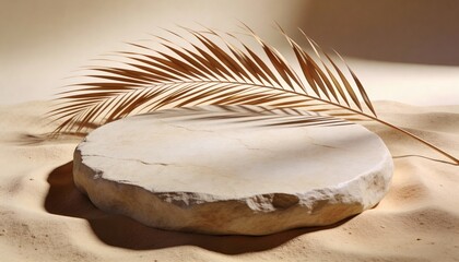 3D render of a minimalist stone podium on sand for product display with leaf shadows