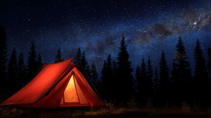 Red tent is illuminated from inside while camping in a dark forest under a clear starry night sky with the visible Milky Way.