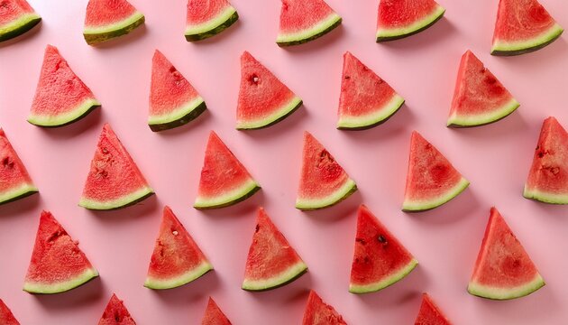 slices of juicy watermelon arranged in pattern on pink background create vibrant and refreshing summer vibe - Powered by Adobe
