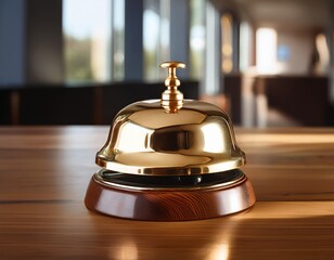 polished brass bell with wooden base on a desk reflecting interior space
