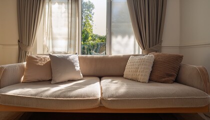 Fototapeta premium soft light streams through a window illuminating a comfortable sofa with plush pillows creating a serene home scene