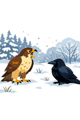 Fototapeta premium In a snowy field with a frosty woodland backdrop, a hawk squawks while a raven watches calmly