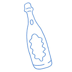 Bottle of wine champagne Prosecco fizz, hand drawn simple illustration drawing in blue color png