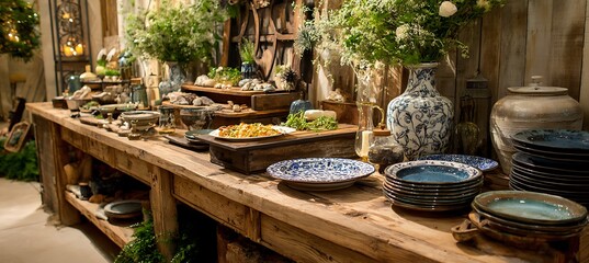 A rustic wooden table laden with an assortment of colorful dishes and decorative items for a festive meal or celebration