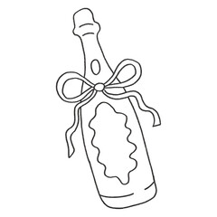 Bottle of wine champagne Prosecco fizz with ribbon bow, hand drawn simple illustration drawing in black color png