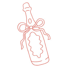 Bottle of wine champagne Prosecco fizz with ribbon bow, hand drawn simple illustration drawing in red color png