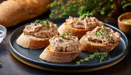rustic pork rillettes spread on baguette slices garnished with fresh herbs bread thyme