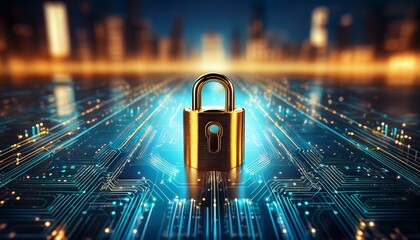 golden digital padlock on circuit board symbolizing cybersecurity and data protection with bokeh city background futuristic glowing security concept