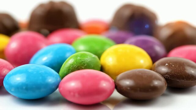 Close-up view of colorful assorted candies and chocolates on a white background