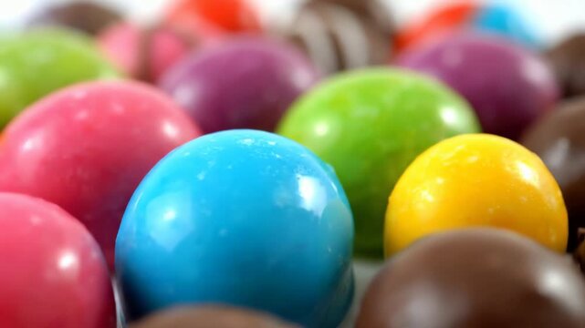 Close up vibrant colorful candy eggs arranged in a playful pattern
