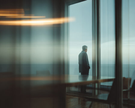 A corporate executive stands alone after an AI-assisted meeting, reflecting uncertainty, responsibility, and unfinished organizational decisions.