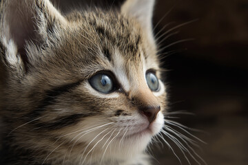 Kitten with blue eyes looking curiously at surroundings in indoor setting during daylight