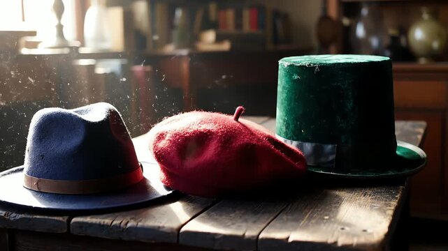 Close-up of three vintage hats including a fedora beret and top hat on a wooden table