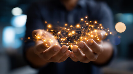 Hands holding glowing interconnected nodes faceless, digital connections and innovation representation, technology networking and futuristic themes, global communication promotion,