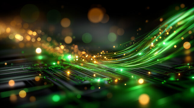 Vibrant digital representation of glowing green circuits and data flow, technology illustration, data processing and artificial intelligence, futuristic innovation visualization, d - Powered by Adobe