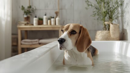 A cute Beagle dog enjoys a relaxing bath in a clean, modern bathroom.