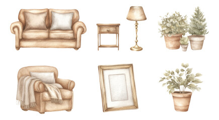 Soft Watercolor Illustration of Living Room Holiday Decor on Transparent Background