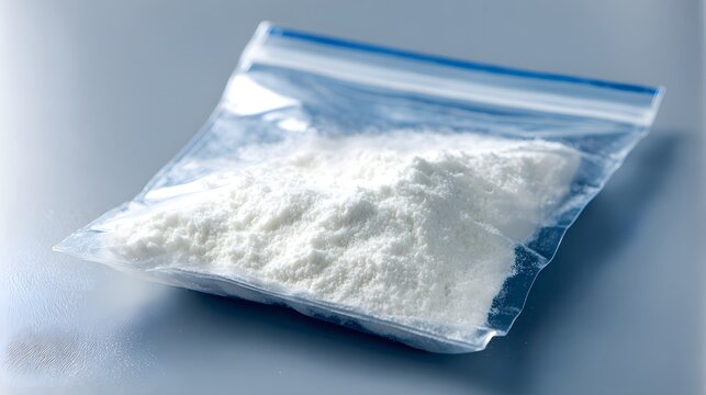 A clear plastic bag filled with a white powdery substance.