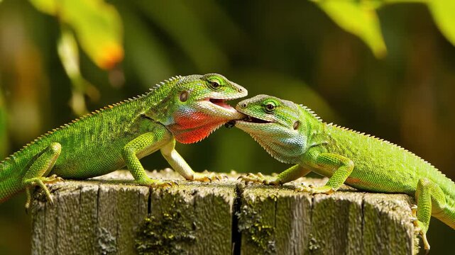 Two bright green lizards engage in a territorial dispute on a weathered wooden post in bright sunlight