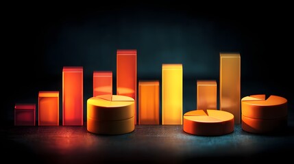 Abstract 3D Bar Chart and Pie Chart Representation of Financial Growth.