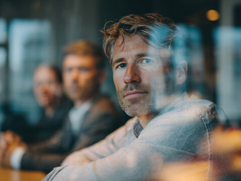 A senior professional sits at a meeting table, reflecting human authority and responsibility within a technology-shaped organizational environment.
