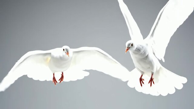 Two graceful white doves flying and soaring gracefully in a clean studio environment with soft lighting