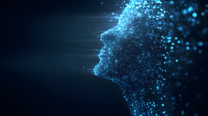 Abstract Digital Human Head Formed From Glowing Blue Particles.