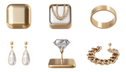 Elegant 3D Metallic Gold Jewelry Collection on Transparent Background