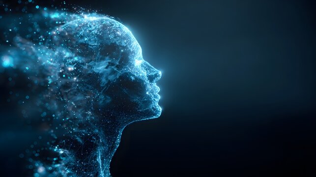 Abstract Digital Human Head Dissolving into Blue Particles and Light. - Powered by Adobe