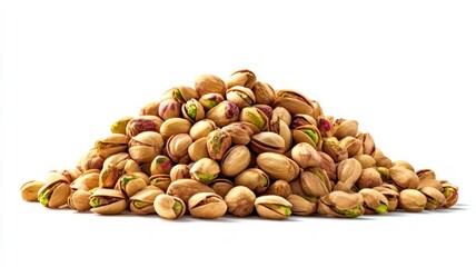 Pile of raw pistachio nuts on white background. Artificial intelligence image