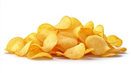 Golden potato chips on white background. Artificial intelligence image